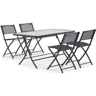 Table de jardin et 4 chaises pliantes en acier et verre noir - Noir