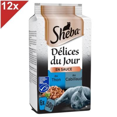 Sheba D&eacute;lices Du Jour 72 Sachets Thon Cabillaud En Sauce Pour Chat 50g (12x6)