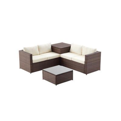 Salon de jardin 4 places en r&eacute;sine tress&eacute;e avec coffre int&eacute;gr&eacute; marron/blanc SILANG