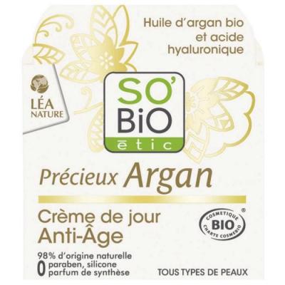 Cr&egrave;me de Jour anti age Pr&eacute;cieux Argan Acide Hyaluronique So'Bio &eacute;tic
