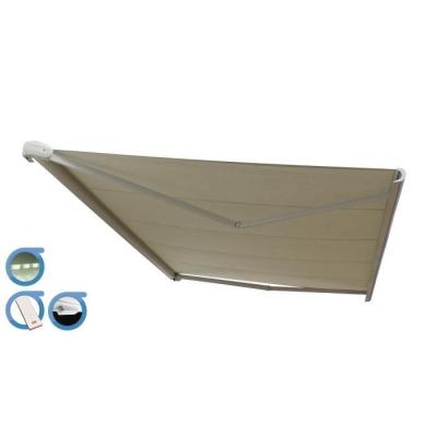 Store banne Coffre PROTECT 2 LED SMART Blanc 4.05x3.5m Motoris&eacute; + Capteur Vent + LED - Toile Ecrue
