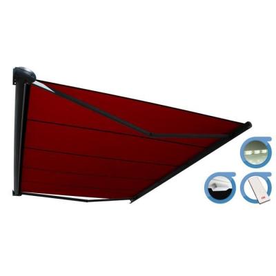 Store banne Coffre PROTECT 2 LED SMART Gris 4.05x3.5m Motoris&eacute; + Capteur Vent + LED - Toile Rouge