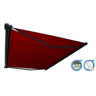 Store banne Coffre PROTECT 2 LED Gris 4.05x3.5m Motoris&eacute; + LED - Toile Rouge