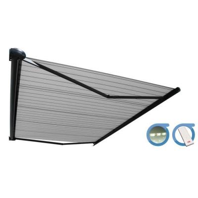 Store banne Coffre PROTECT 2 LED Gris 4.05x3.5m Motoris&eacute; + LED - Toile Grise Ray&eacute;e