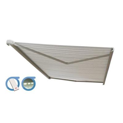 Store banne Coffre PROTECT 2 LED Blanc 4,05x3,5m Motoris&eacute; + LED - Toile Grise Ray&eacute;e