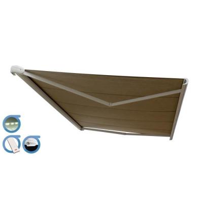 Store banne Coffre PROTECT 2 LED SMART Blanc 4.05x3.5m Motoris&eacute; + Capteur Vent + LED - Toile Taupe