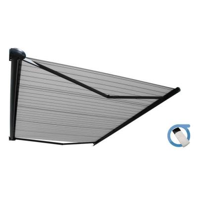 Store banne Coffre PROTECT 2 Gris 4.05x3.5m Motoris&eacute; - Toile Grise Ray&eacute;e