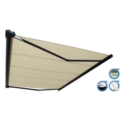 Store banne Coffre PROTECT 2 LED SMART Gris 5x3,5m Motoris&eacute; + Capteur Vent + LED - Toile Ecrue