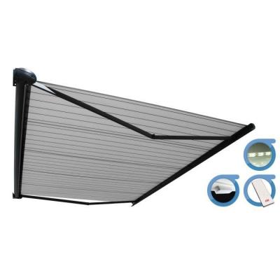 Store banne Coffre PROTECT 2 LED SMART Gris 5x3,5m Motoris&eacute; + Capteur Vent + LED - Toile Grise Ray&eacute;e