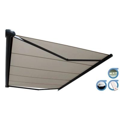 Store banne Coffre PROTECT 2 LED SMART Gris 5x3.5m Motoris&eacute; + Capteur Vent + LED - Toile Taupe