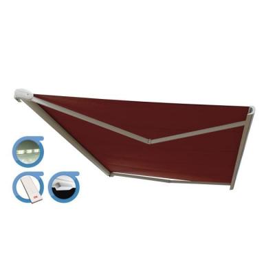 Store banne Coffre PROTECT 2 LED SMART Blanc 6x3.5m Motoris&eacute; + Capteur Vent + LED - Toile Rouge
