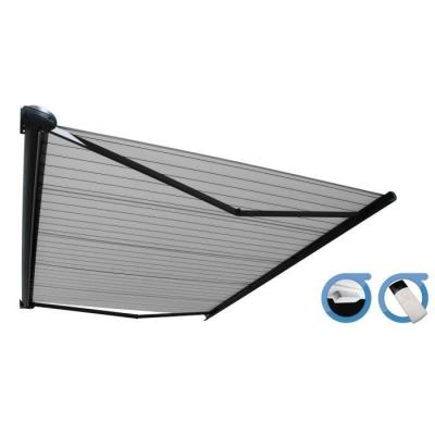 Store banne Coffre PROTECT 2 SMART Gris 6x3,5m Motoris&eacute; + Capteur Vent - Toile Grise Ray&eacute;e 