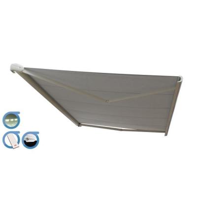 Store banne Coffre PROTECT 2 LED SMART Blanc 6x3,5m Motoris&eacute; + Capteur Vent + LED - Toile Grise