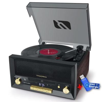 Syst&egrave;me Cha&icirc;ne HiFi CD 20W Vintage avec Platine Vinyle - CD/FM/USB/AUX - 33/45/78 Tours+cl&eacute; USB 32Go