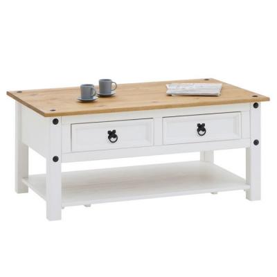 Table basse CAMPO avec 2 tiroirs et 1 &eacute;tag&egrave;re, en pin massif blanc et brun