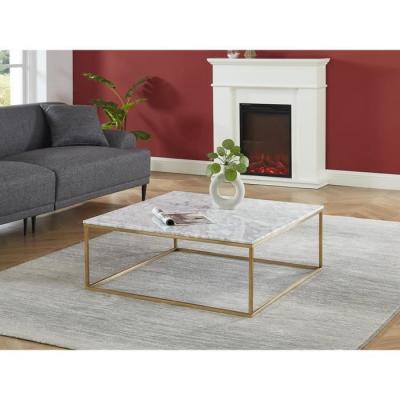 Table basse design ARETHA - Marbre et M&eacute;tal - Blanc et Dor&eacute;