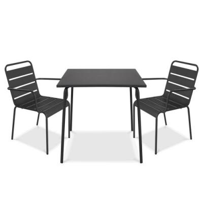 Oviala - Ensemble table de jardin carr&eacute;e et 2 fauteuils acier gris - Palavas