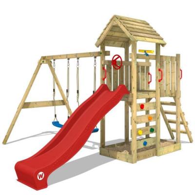 Aire de jeux en bois WICKEY MultiFlyer avec balan&ccedil;oire et toboggan rouge pour enfants de 3 &agrave; 13 ans