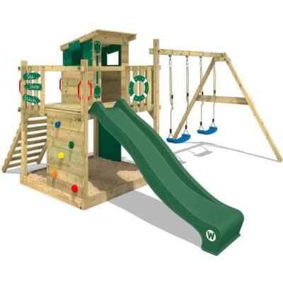 Aire de jeux wickey portique bois smart camp avec balan&ccedil;oire et toboggan vert