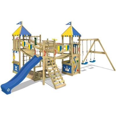 Aire de jeux Portique bois Smart Queen WICKEY avec balan&ccedil;oire et toboggan bleu
