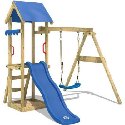 Aire de jeux en bois TinyWave avec balan&ccedil;oire et toboggan WICKEY - Bac &agrave; sable - Bleu
