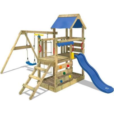 Aire de jeux WICKEY Portique bois TurboFlyer avec balan&ccedil;oire et toboggan bleu