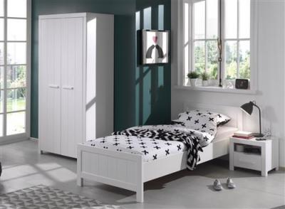 ERIK Lit simple + Chevet en bois laqu&eacute; + Armoire 2 portes + lit gigogne