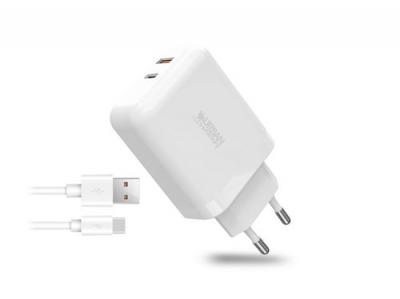 Bloc secteur USB-C/USB-A Urban Factory PSC45UF avec c&acirc;ble USB-C/A 1m Blanc