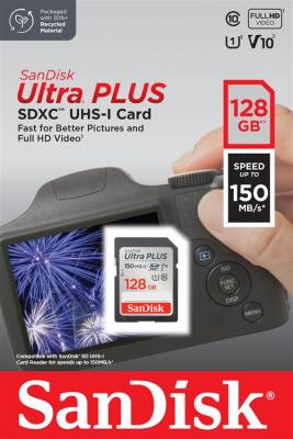 Carte m&eacute;moire SD SanDisk Ultra Plus 128GB SDXC 150MB/s Rouge et Gris