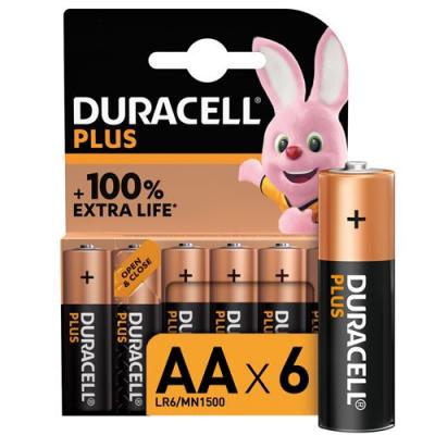 Pack de 6 piles alcalines AA Duracell Plus 1,5V LR06 Noir 