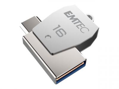 Cl&eacute; USB 16Go EMTEC 2en1 Dual micro-USB T250 chrom&eacute;e 