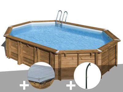 Kit piscine bois Gr&eacute; Avocado 6,56 x 4,56 x 1,27 m + B&acirc;che hiver + Douche