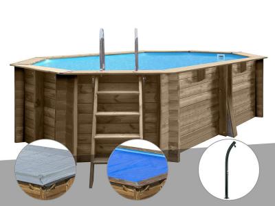 Kit piscine bois Gr&eacute; Grenade 4,36 x 3,36 x 1,17 m + B&acirc;che hiver + B&acirc;che &agrave; bulles + Douche