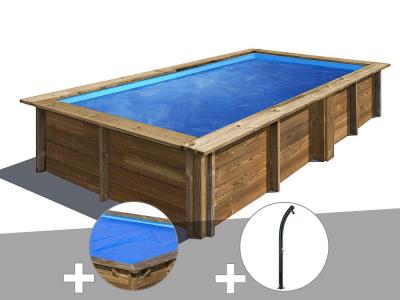 Kit piscine bois Gr&eacute; Lemon 3,75 x 2,00 x 0,68 m + B&acirc;che &agrave; bulles + Douche