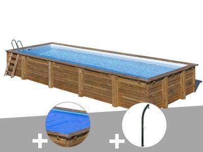 Kit piscine bois Gr&eacute; Mint 10,10 x 4,18 x 1,46 m + B&acirc;che &agrave; bulles + Douche