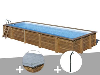 Kit piscine bois Gr&eacute; Mint 10,10 x 4,18 x 1,46 m + B&acirc;che hiver + Douche
