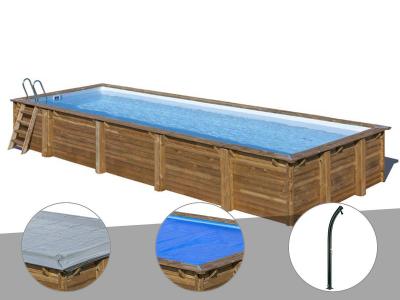 Kit piscine bois Gr&eacute; Mint 10,10 x 4,18 x 1,46 m + B&acirc;che hiver + B&acirc;che &agrave; bulles + Douche