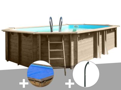 Kit piscine bois Gr&eacute; Safran 6,20 x 3,95 x 1,36 m + B&acirc;che &agrave; bulles + Douche