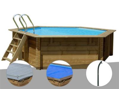 Kit piscine bois Gr&eacute; Vanille &Oslash; 4,00 x 1,19 m + B&acirc;che hiver + B&acirc;che &agrave; bulles + Douche