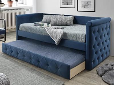 Lit banquette gigogne capitonn&eacute; LOUISE - 2x90x190cm - tissu bleu 