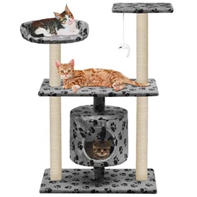 Arbre &agrave; chat griffoir grattoir niche jouet animaux peluch&eacute; en sisal 95 cm gris motif de pattes