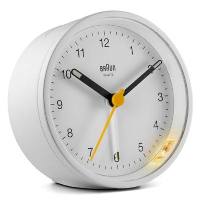Braun BC12 - R&eacute;veil de Vouyage Analogique avec Lumi&egrave;re int&eacute;gr&eacute;e - Blanc/Noir 75 x 75 x 35 mm