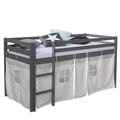Lit mezzanine 90 x 200 cm gris pour enfants avec echelle et rideaux en tissu