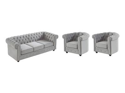 Canap&eacute; 3 places et 2 fauteuils CHESTERFIELD - Velours gris clair