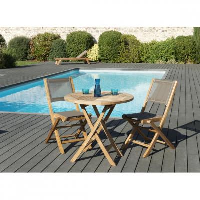 Ensemble En Teck Table Ronde 80 Cm + 2 Chaises Pliantes - Gardena