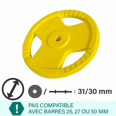 Disques en fonte avec poignees et revetement caoutchouc 31mm de 1 25 kg a 25 kg poids 15 kg