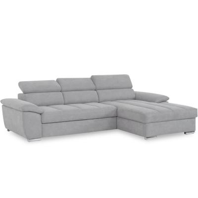 Canap&eacute; d'angle droite convertible avec m&eacute;ridienne coffre KID tissu gris clair