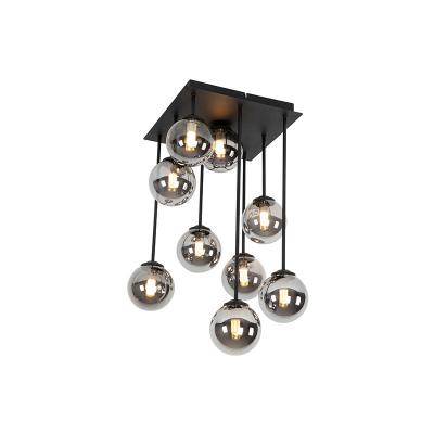 QAZQA Plafonnier moderne noir 9 lumi&egrave;res avec verre fum&eacute; - Ath&egrave;nes