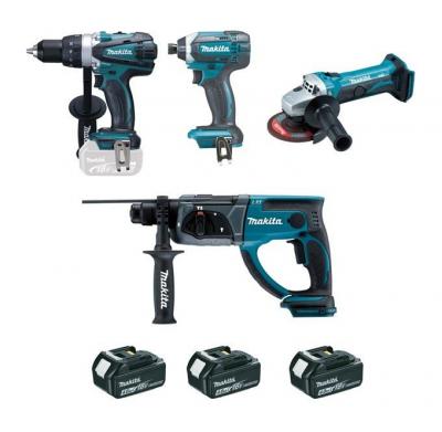 Pack 4 machines Perceuse + Visseuse &agrave; chocs + Perforateur + Meuleuse 115mm 18V 4Ah MAKITA DLX4054MX1