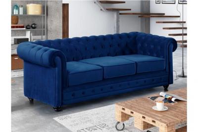Canap&eacute; 3 places chesterfield - Velours bleu roi - Bleu roi